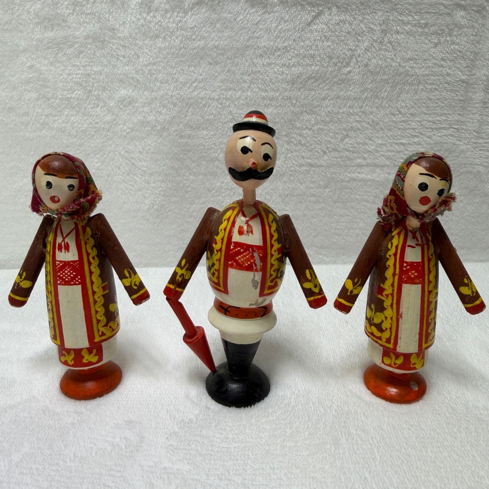 Vintage Hand Painted Turned Wood Folk Art Figurines Eastern European Set of 3